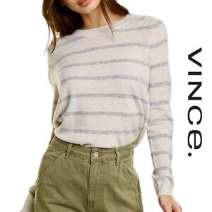 NWT {Vince.} Cashmere & Wool Soft Grey Stripe Crewneck Sweater • Medium
